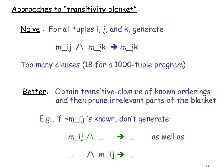 Approaches to “transitivity blanket” Naïve : For all tuples i, j, and k, generate