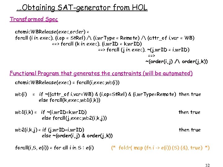 …Obtaining SAT-generator from HOL Transformed Spec atomic. WBRelease(exec, order) = forall (i in exec).