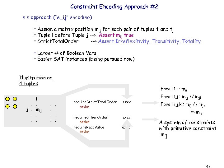 Constraint Encoding Approach #2 n n approach (“e_ij” encoding) • Assign a matrix position