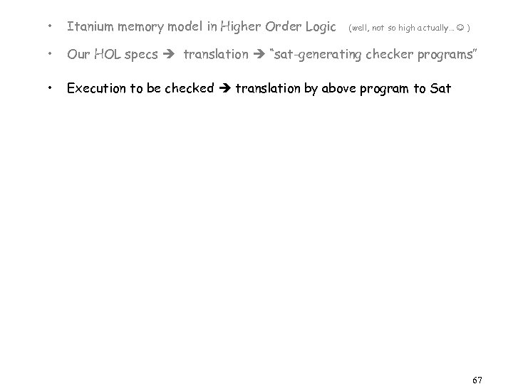  • Itanium memory model in Higher Order Logic • Our HOL specs translation