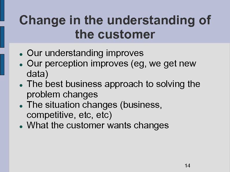 Change in the understanding of the customer Our understanding improves Our perception improves (eg,