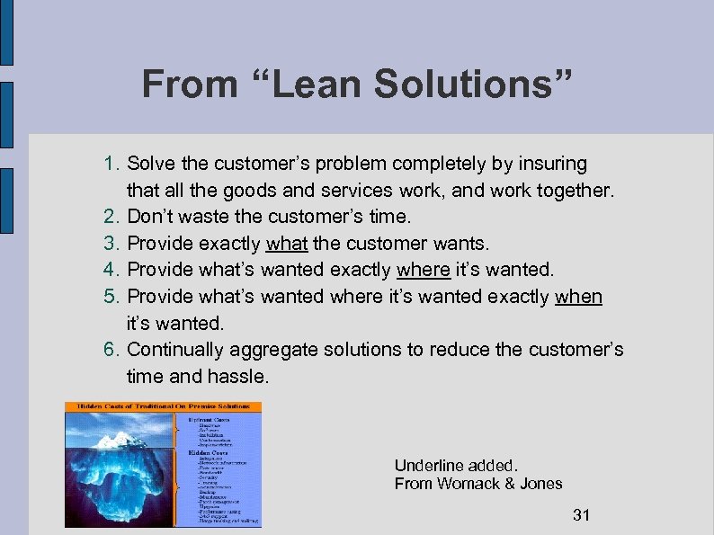 From “Lean Solutions” 1. Solve the customer’s problem completely by insuring that all the