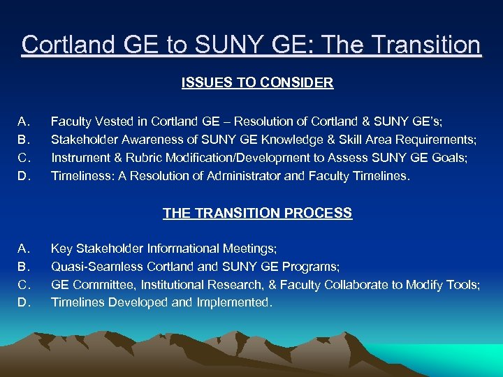 Cortland GE to SUNY GE: The Transition ISSUES TO CONSIDER A. B. C. D.