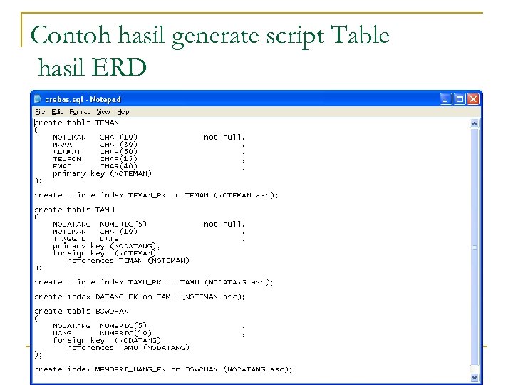 Contoh hasil generate script Table hasil ERD 