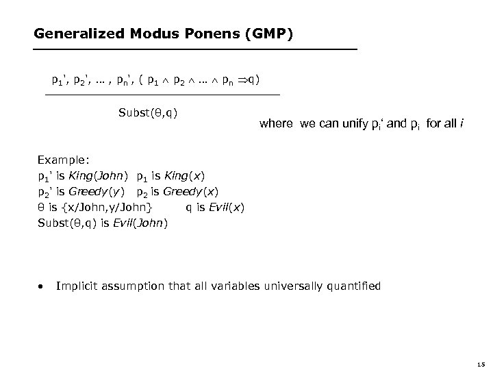 Generalized Modus Ponens (GMP) p 1', p 2', … , pn', ( p 1