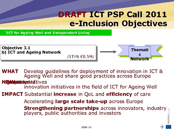 DRAFT ICT PSP Call 2011 e-Inclusion Objectives ‘ICT for Ageing Well and Independent Living’
