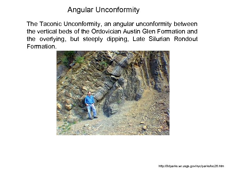 Angular Unconformity The Taconic Unconformity, an angular unconformity between the vertical beds of the