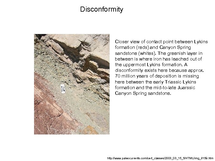 Disconformity Closer view of contact point between Lykins formation (reds) and Canyon Spring sandstone