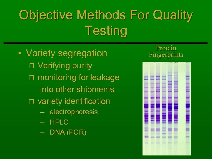 Objective Methods For Quality Testing • Variety segregation Verifying purity r monitoring for leakage