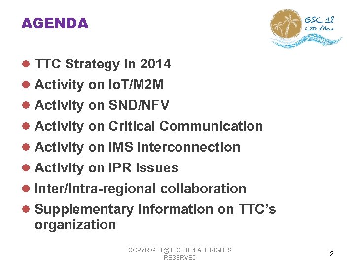 AGENDA l TTC Strategy in 2014 l Activity on Io. T/M 2 M l