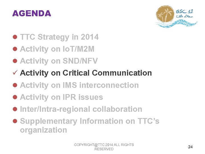 AGENDA l TTC Strategy in 2014 l Activity on Io. T/M 2 M l