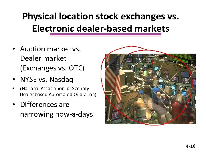 Physical location stock exchanges vs. Electronic dealer-based markets • Auction market vs. Dealer market