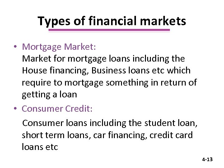 Types of financial markets • Mortgage Market: Market for mortgage loans including the House