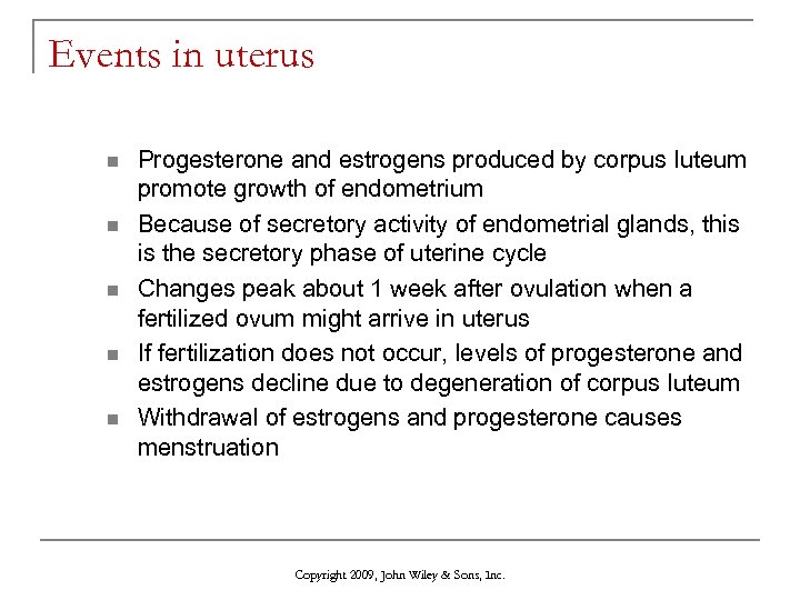 Events in uterus n n n Progesterone and estrogens produced by corpus luteum promote