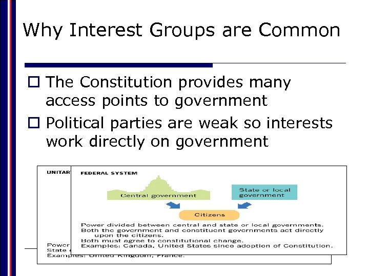 Why Interest Groups are Common o The Constitution provides many access points to government