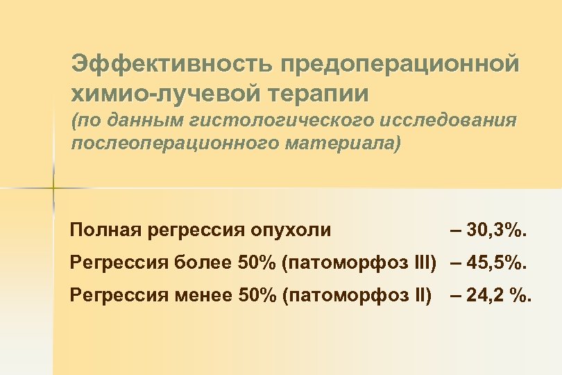 Эффективность предоперационной химио-лучевой терапии (по данным гистологического исследования послеоперационного материала) Полная регрессия опухоли –