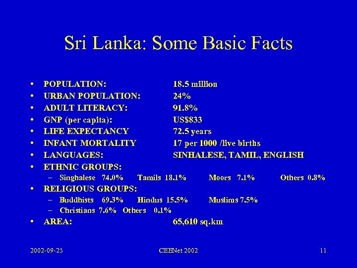 Sri Lanka: Some Basic Facts • • POPULATION: URBAN POPULATION: ADULT LITERACY: GNP (per