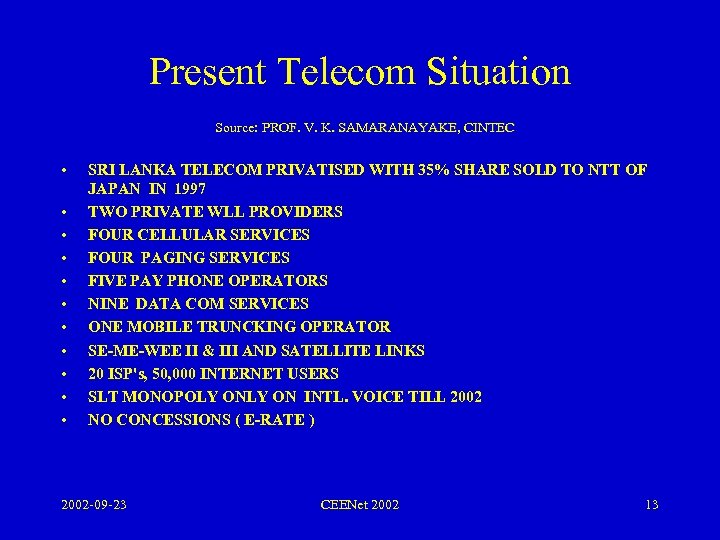 Present Telecom Situation Source: PROF. V. K. SAMARANAYAKE, CINTEC • • • SRI LANKA