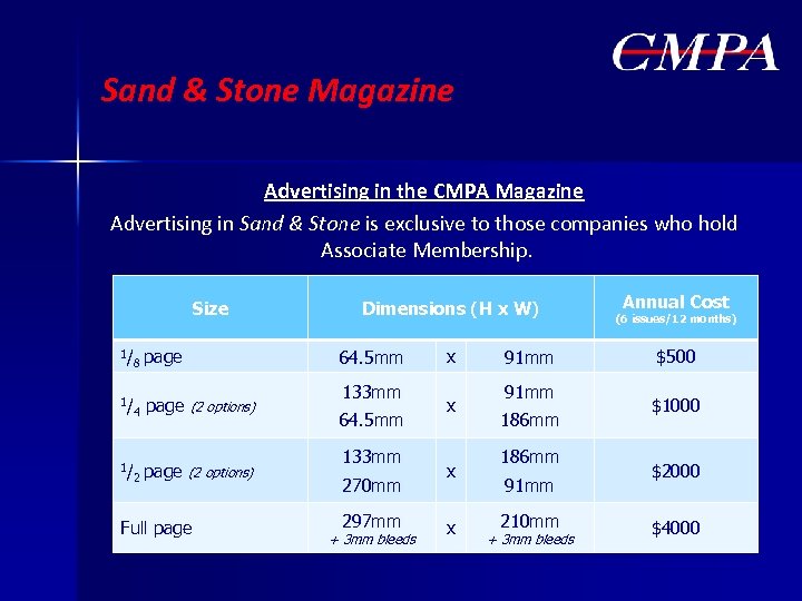 Sand & Stone Magazine Advertising in the CMPA Magazine Advertising in Sand & Stone