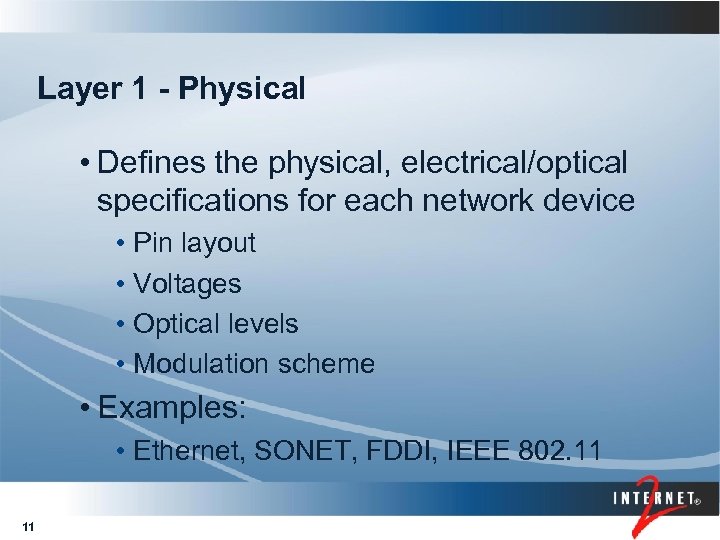 Layer 1 - Physical • Defines the physical, electrical/optical specifications for each network device