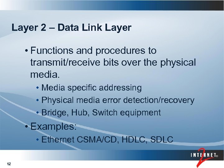 Layer 2 – Data Link Layer • Functions and procedures to transmit/receive bits over