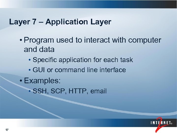 Layer 7 – Application Layer • Program used to interact with computer and data