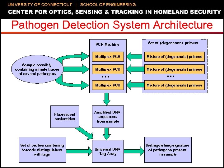 Pathogen Detection System Architecture PCR Machine Set of (degenerate) primers Multiplex PCR Fluorescent nucleotides