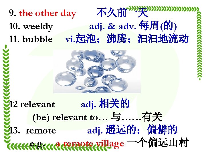 9. the other day 不久前一天 10. weekly adj. & adv. 每周(的) 11. bubble vi.