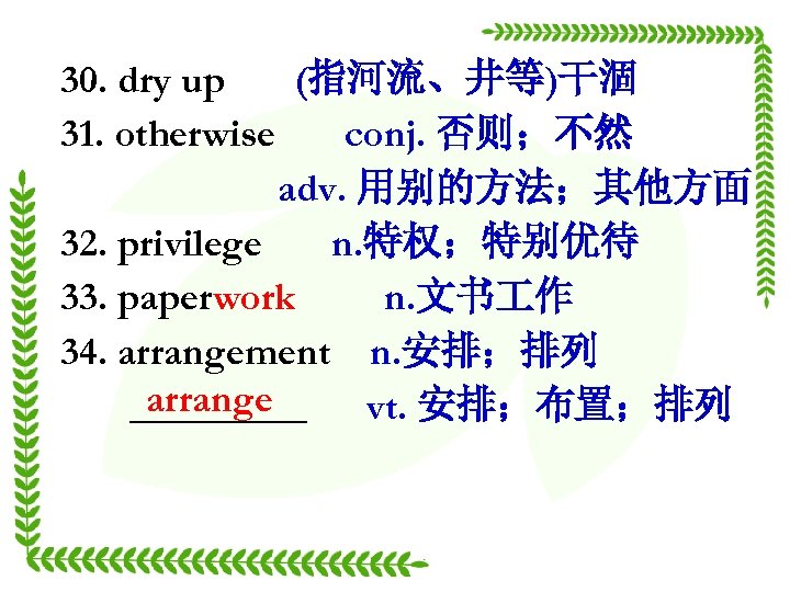 30. dry up (指河流、井等)干涸 31. otherwise conj. 否则；不然 adv. 用别的方法；其他方面 32. privilege n. 特权；特别优待