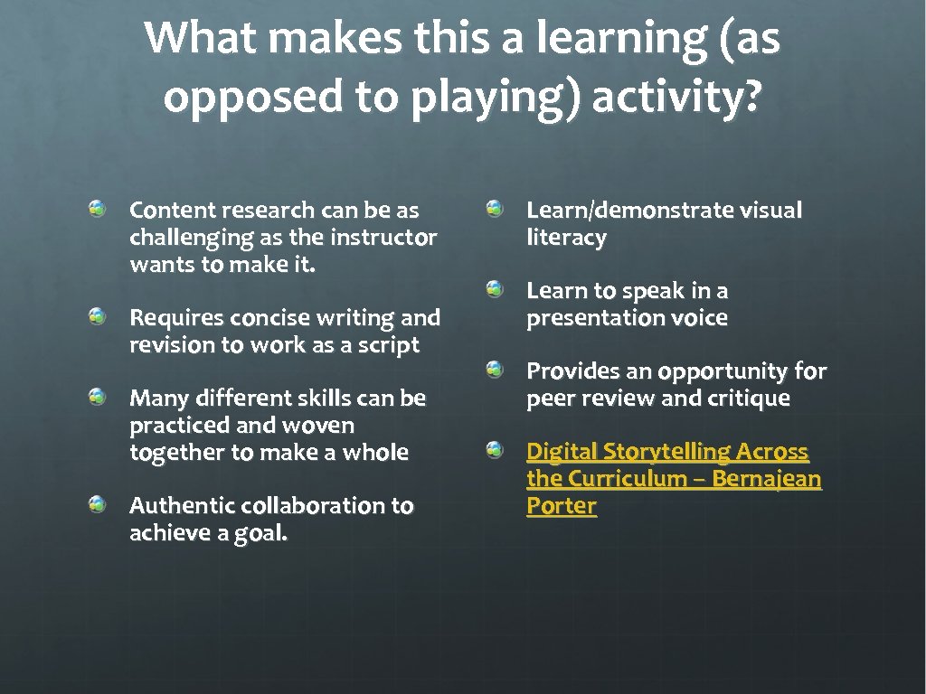 What makes this a learning (as opposed to playing) activity? Content research can be