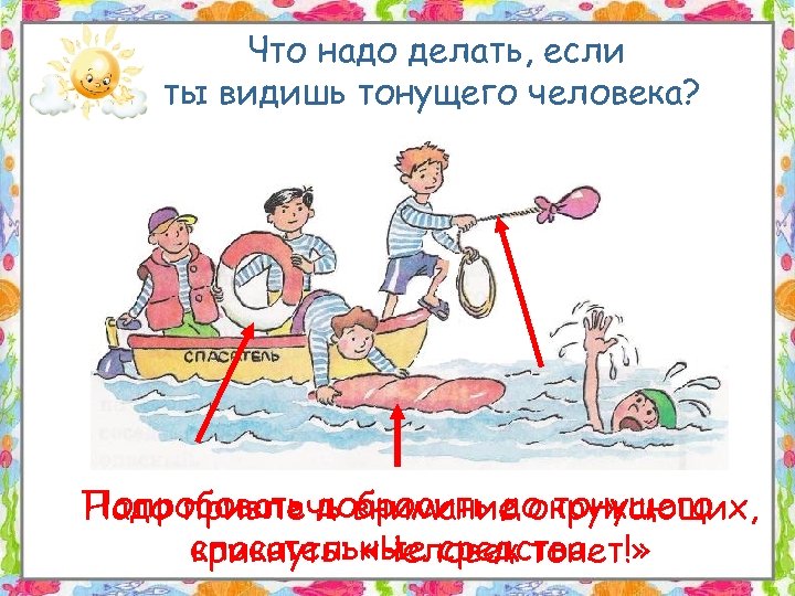 Что надо делать, если ты видишь тонущего человека? Попробовать добросить до тонущего Надо привлечь