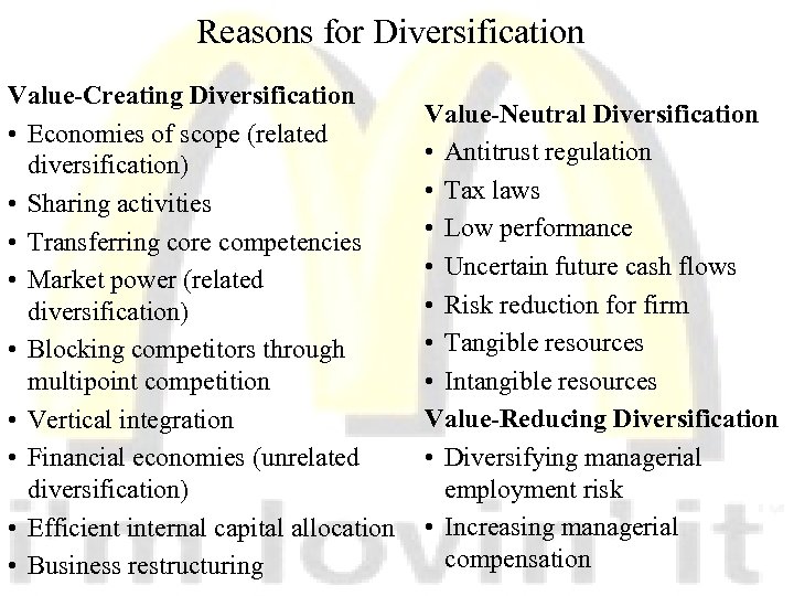 Reasons for Diversification Value-Creating Diversification • Economies of scope (related diversification) • Sharing activities