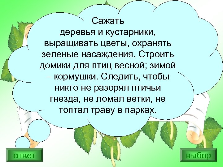 Сажать деревья и кустарники, выращивать цветы, охранять зеленые насаждения. Строить домики для птиц весной;