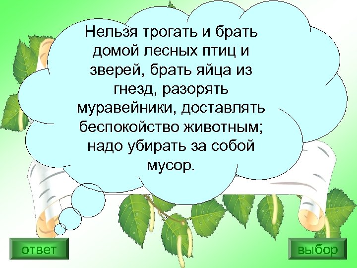 Нельзя трогать и брать домой лесных птиц и зверей, брать яйца из гнезд, разорять