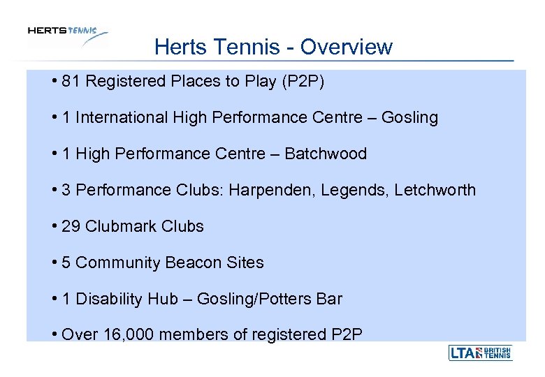 Herts Tennis - Overview • 81 Registered Places to Play (P 2 P) •