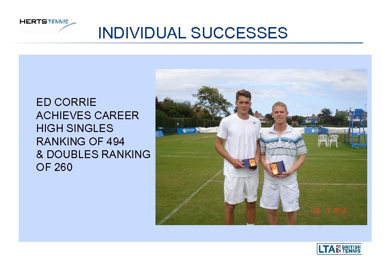 INDIVIDUAL SUCCESSES ED CORRIE ACHIEVES CAREER HIGH SINGLES RANKING OF 494 & DOUBLES RANKING