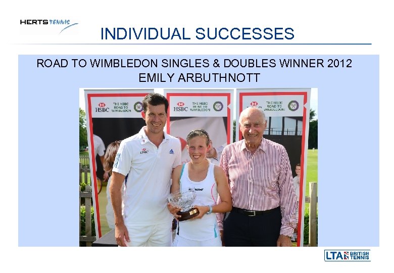 INDIVIDUAL SUCCESSES ROAD TO WIMBLEDON SINGLES & DOUBLES WINNER 2012 EMILY ARBUTHNOTT 
