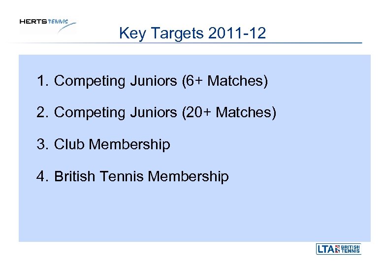 Key Targets 2011 -12 1. Competing Juniors (6+ Matches) 2. Competing Juniors (20+ Matches)