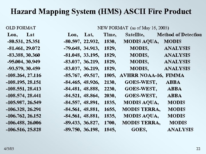 Hazard Mapping System (HMS) ASCII Fire Product OLD FORMAT NEW FORMAT (as of May