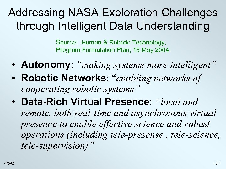 Addressing NASA Exploration Challenges through Intelligent Data Understanding Source: Human & Robotic Technology, Program