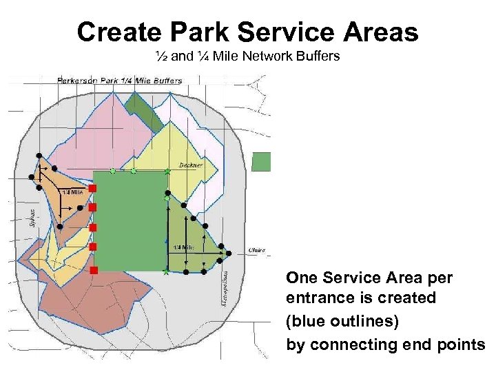 Create Park Service Areas ½ and ¼ Mile Network Buffers One Service Area per
