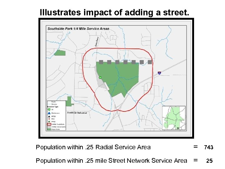 Illustrates impact of adding a street. Population within. 25 Radial Service Area = 743
