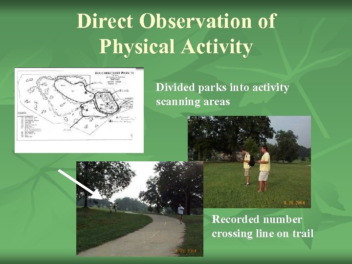 Direct Observation of Physical Activity Divided parks into activity scanning areas Recorded number crossing