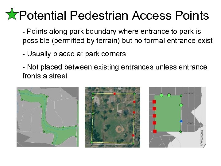  Potential Pedestrian Access Points - Points along park boundary where entrance to park