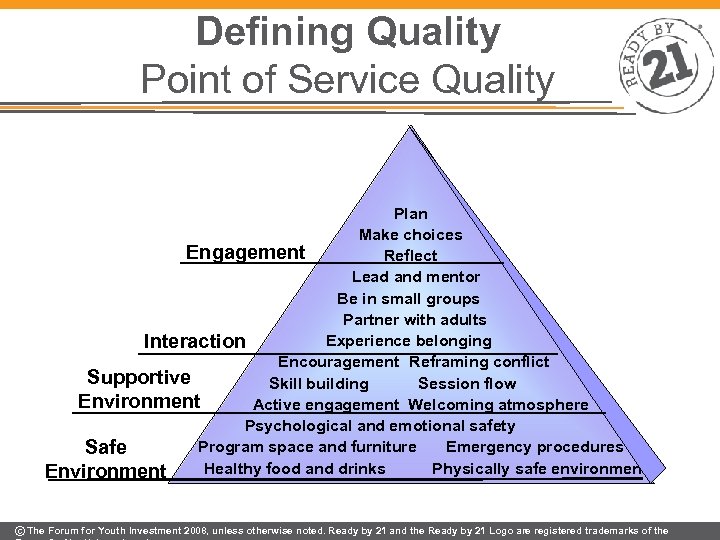 Defining Quality Point of Service Quality Plan Make choices Engagement Reflect Lead and mentor