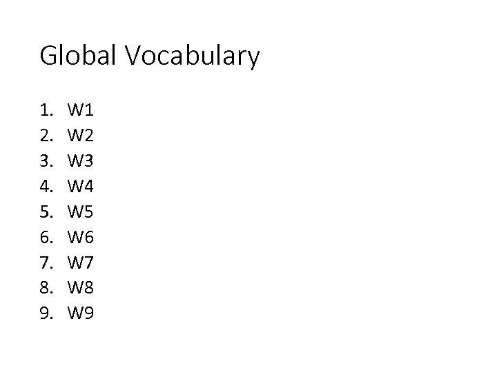 Global Vocabulary 1. 2. 3. 4. 5. 6. 7. 8. 9. W 1 W