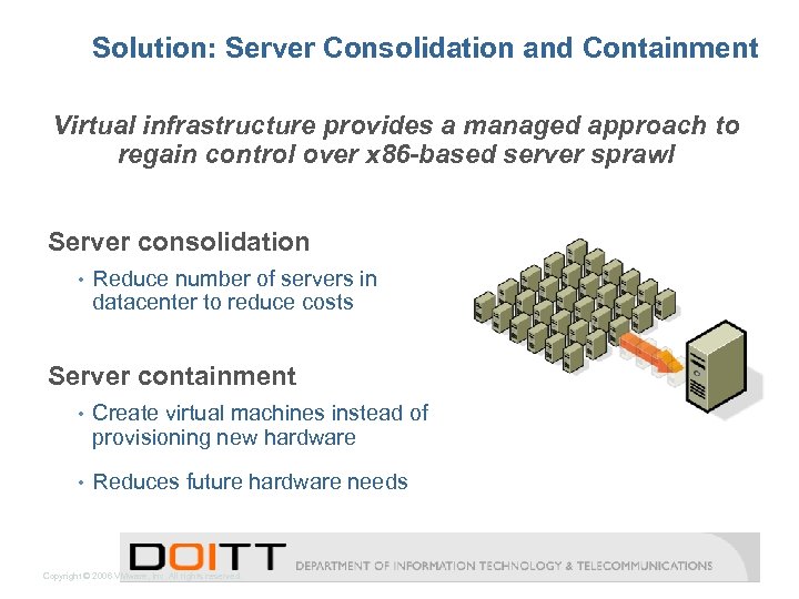 Solution: Server Consolidation and Containment Virtual infrastructure provides a managed approach to regain control