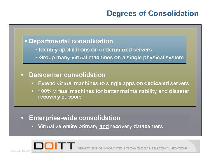 Degrees of Consolidation • Departmental consolidation • Identify applications on underutilized servers • Group