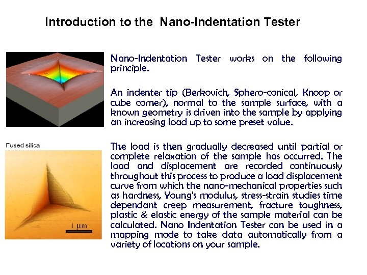 Introduction to the Nano-Indentation Tester works on the following principle. An indenter tip (Berkovich,