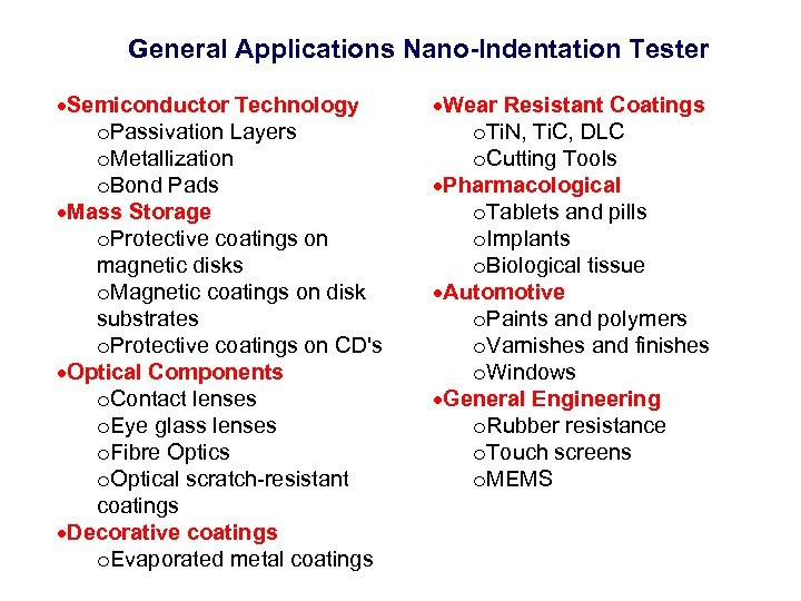 General Applications Nano-Indentation Tester Semiconductor Technology o. Passivation Layers o. Metallization o. Bond Pads